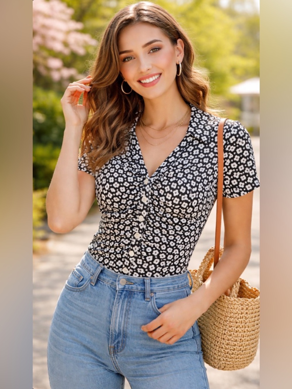 Anthropologie Maeve Floral V-Neck Ruched Front Short Sleeve Blouse Top small